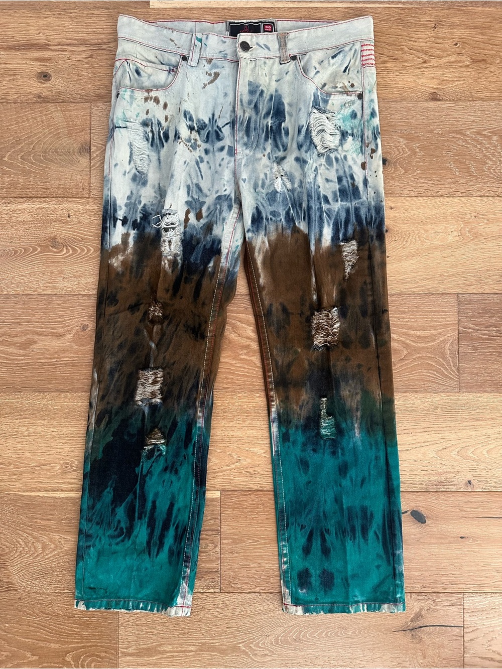 Elite Premium Denim Washed Jeans in Light Teal & Brown Wash